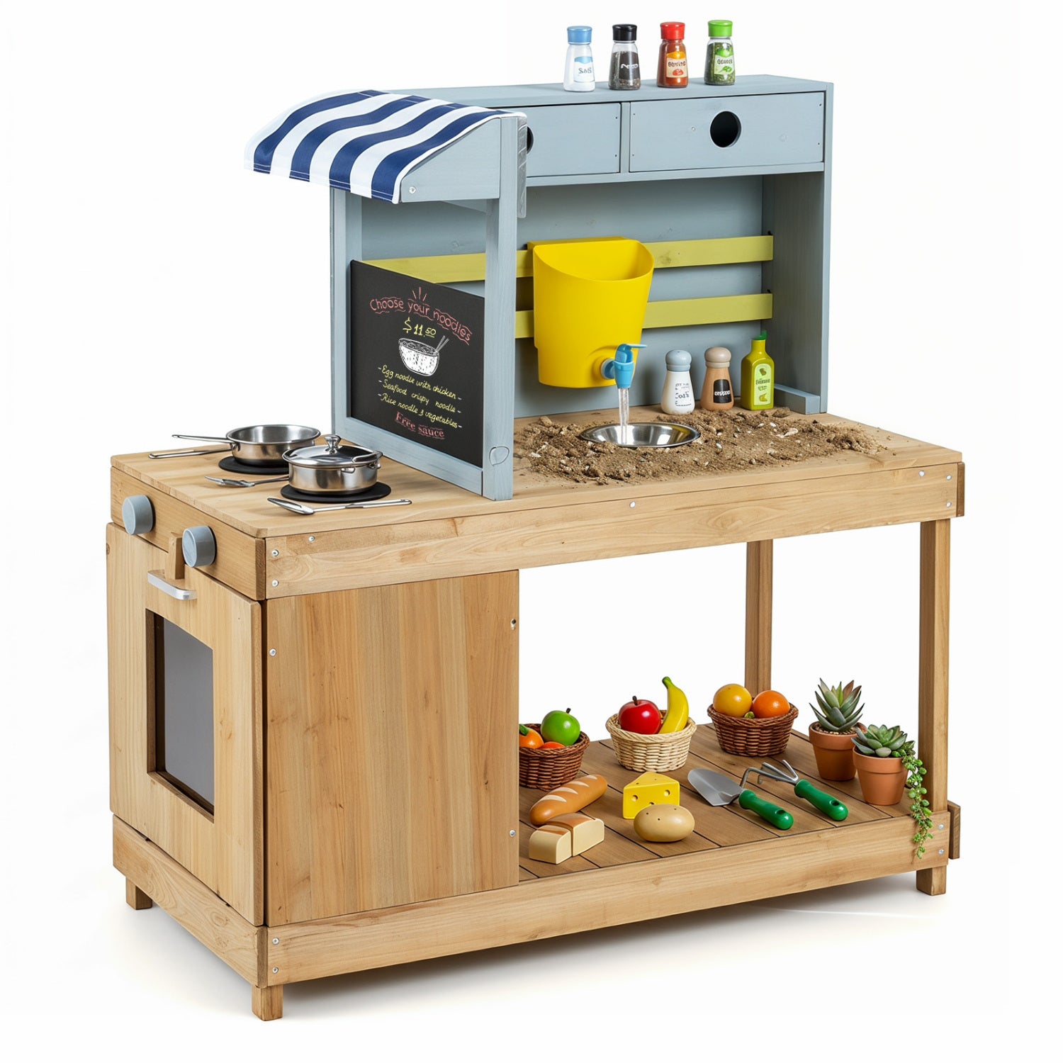 Fir Wood Kids Kitchen Playset with Canopy and Faucet-Natural
