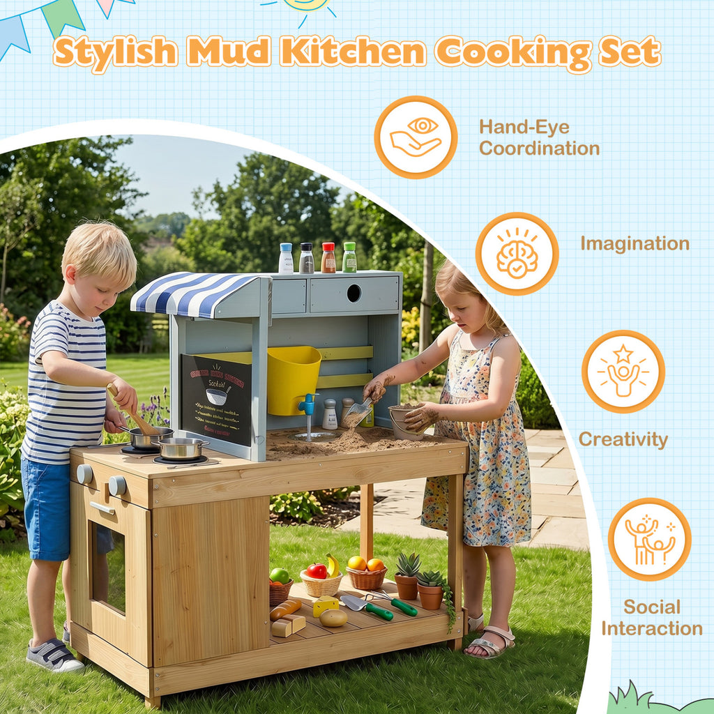 Fir Wood Kids Kitchen Playset with Canopy and Faucet-Natural