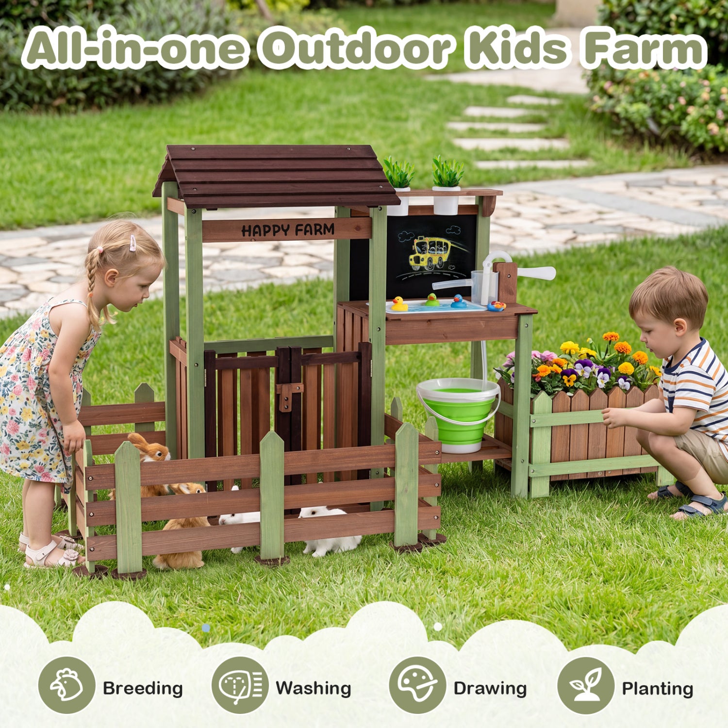 Fir Wood Mud Farm Playset with Planter Box Lockable Yard and Faucet for 3+ Kids