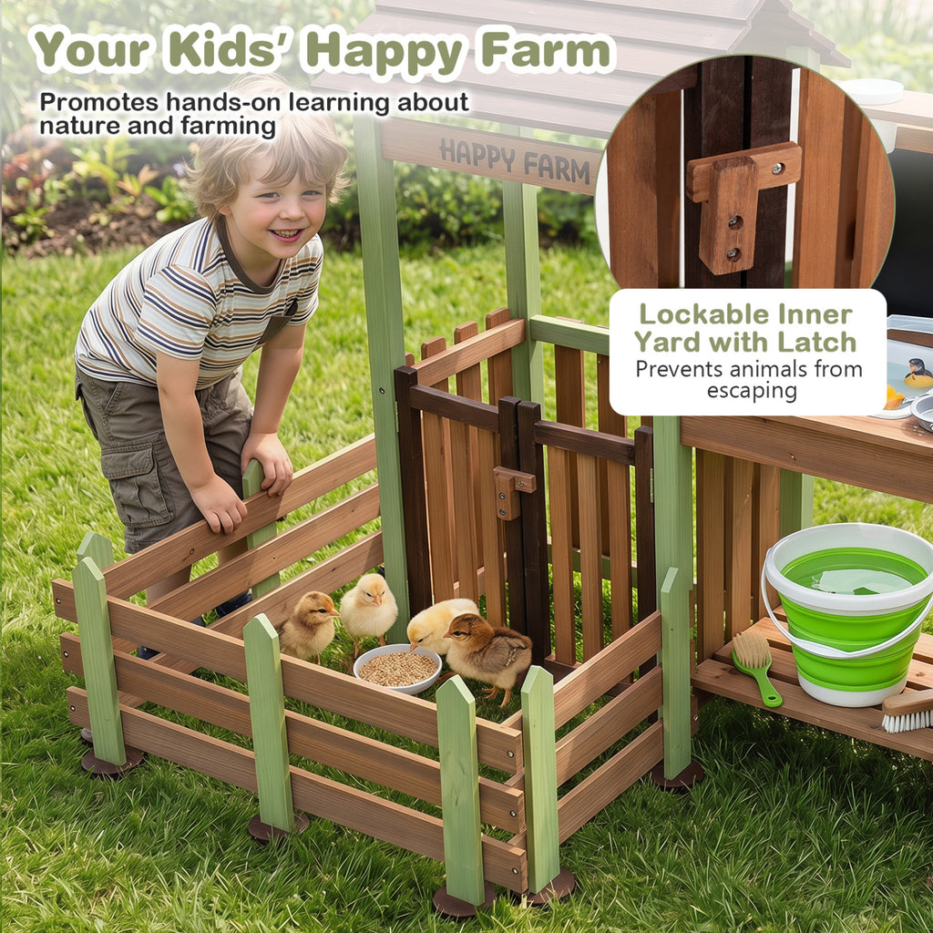 Fir Wood Mud Farm Playset with Planter Box Lockable Yard and Faucet for 3+ Kids