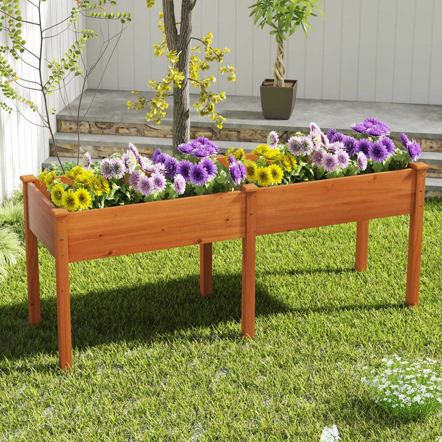 Fir Wood Outdoor Raised Garden Bed with Divider Panel and Drainage Holes-Yellow