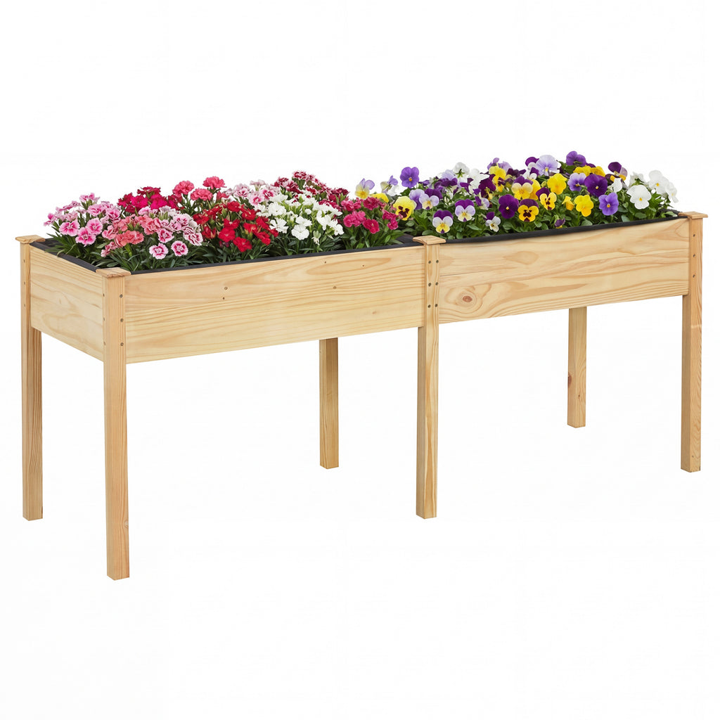 Fir Wood Outdoor Raised Garden Bed with Divider Panel and Drainage Holes-Natural