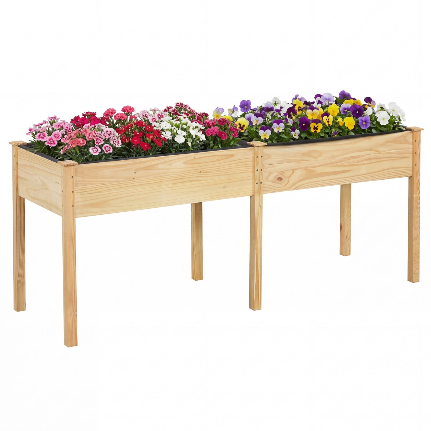 Fir Wood Outdoor Raised Garden Bed with Divider Panel and Drainage Holes-Natural