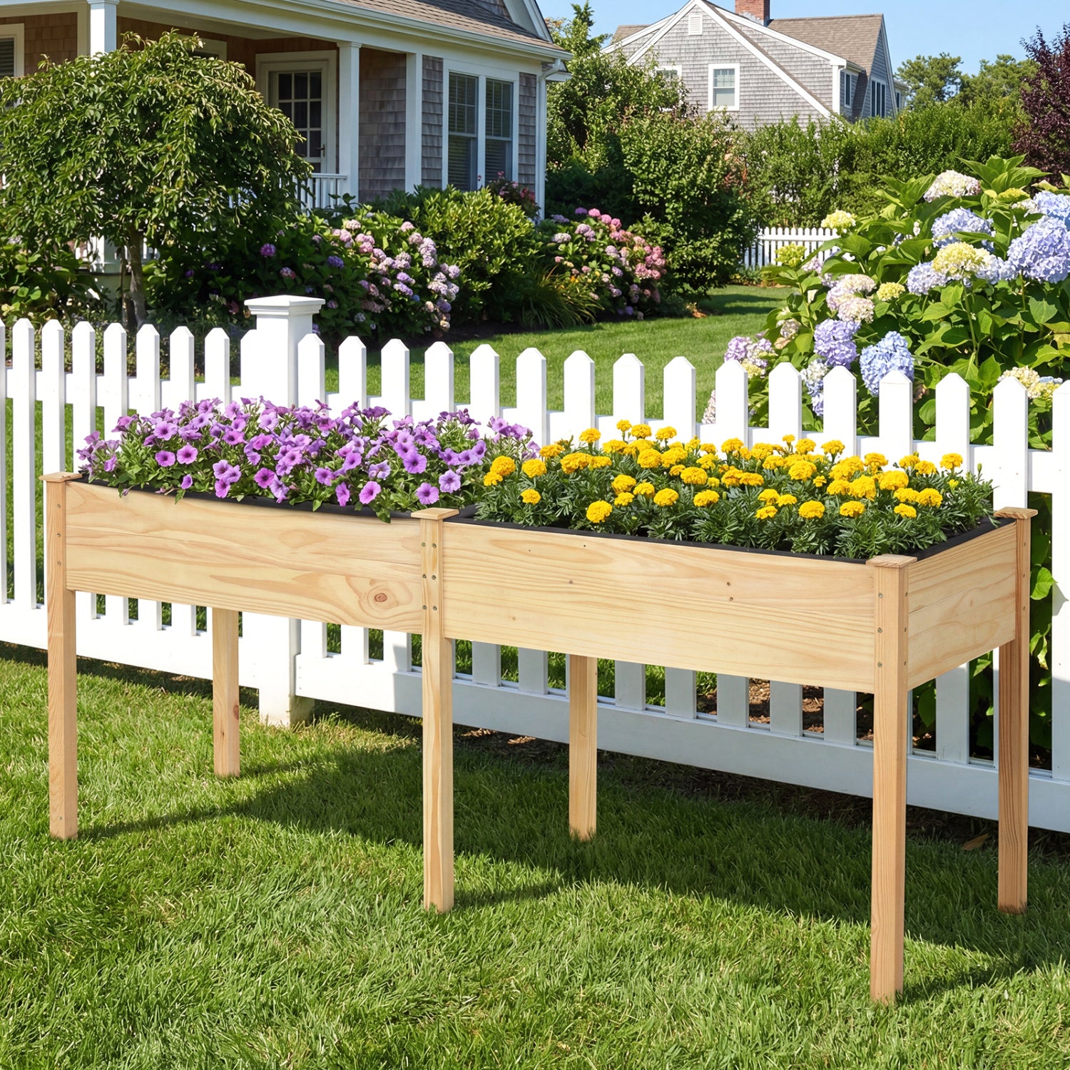 Fir Wood Outdoor Raised Garden Bed with Divider Panel and Drainage Holes-Natural