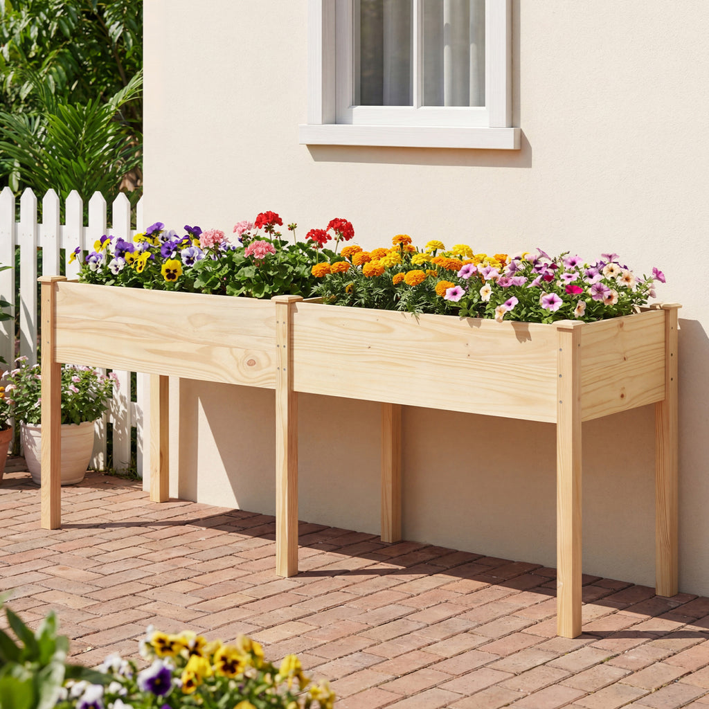 Fir Wood Outdoor Raised Garden Bed with Divider Panel and Drainage Holes-Natural