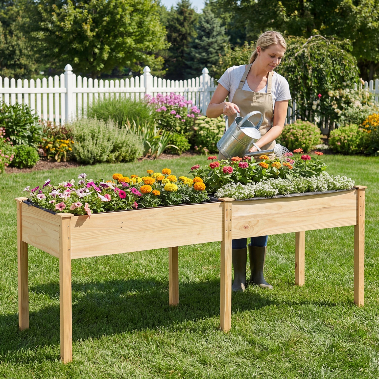 Fir Wood Outdoor Raised Garden Bed with Divider Panel and Drainage Holes-Natural