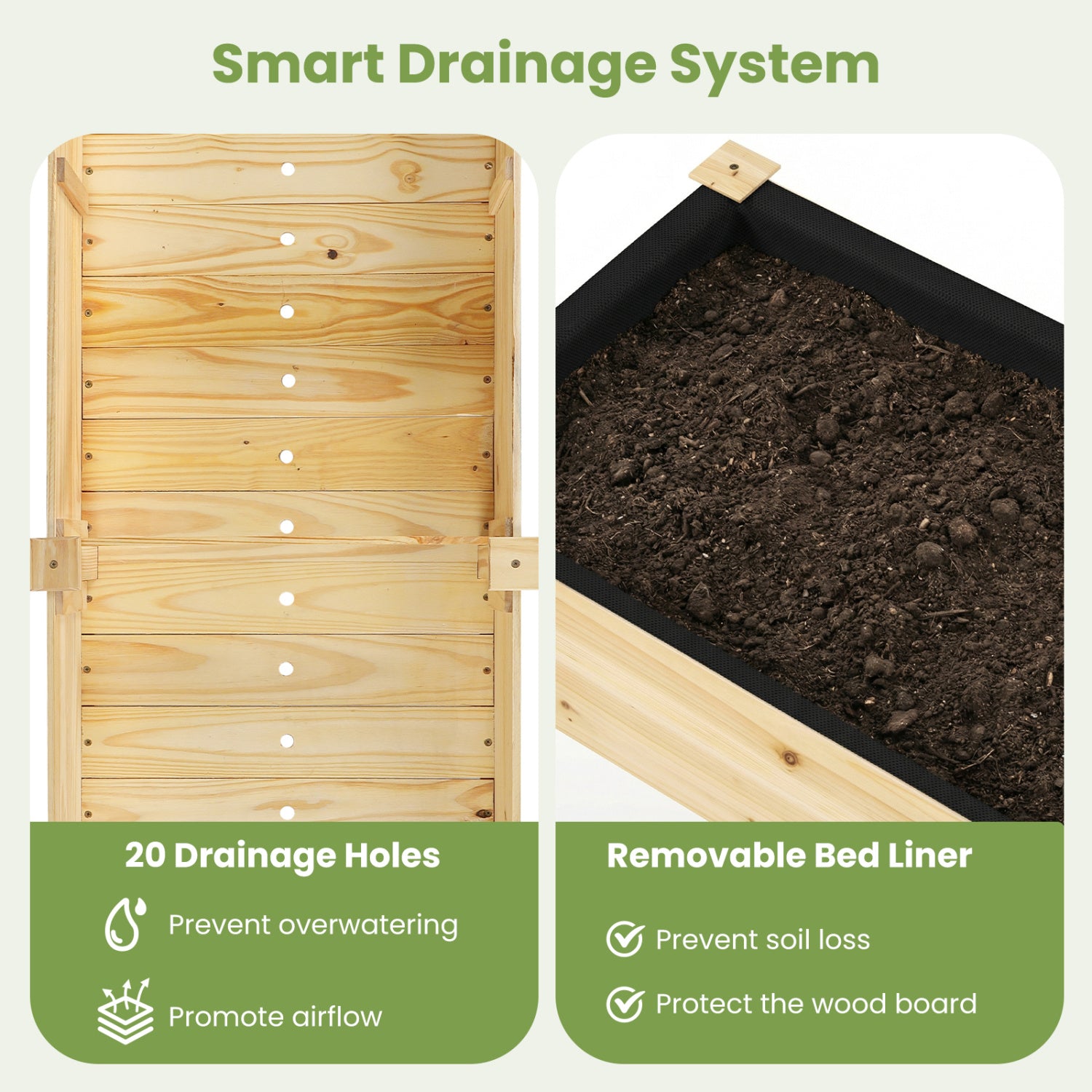 Fir Wood Outdoor Raised Garden Bed with Divider Panel and Drainage Holes-Natural