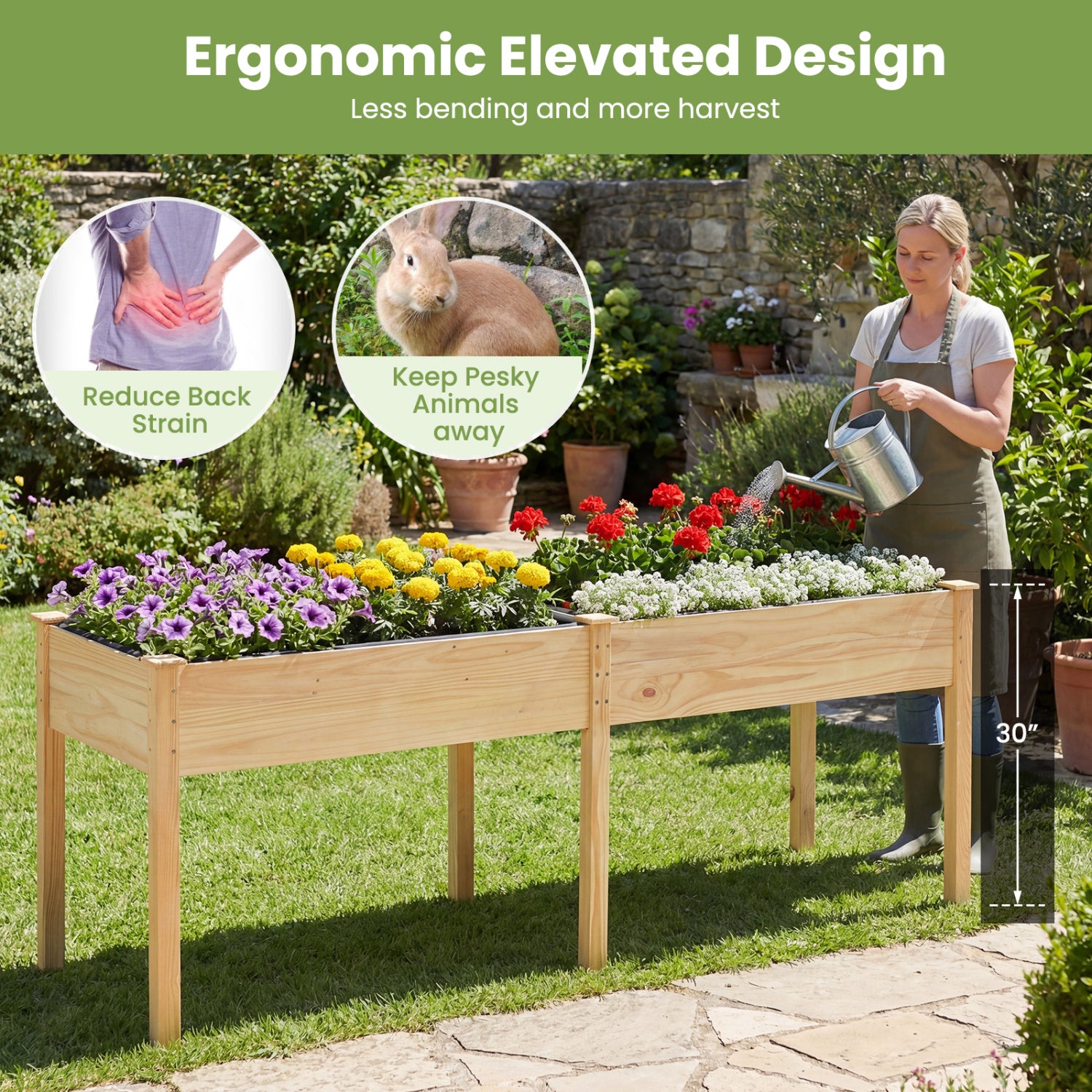 Fir Wood Outdoor Raised Garden Bed with Divider Panel and Drainage Holes-Natural