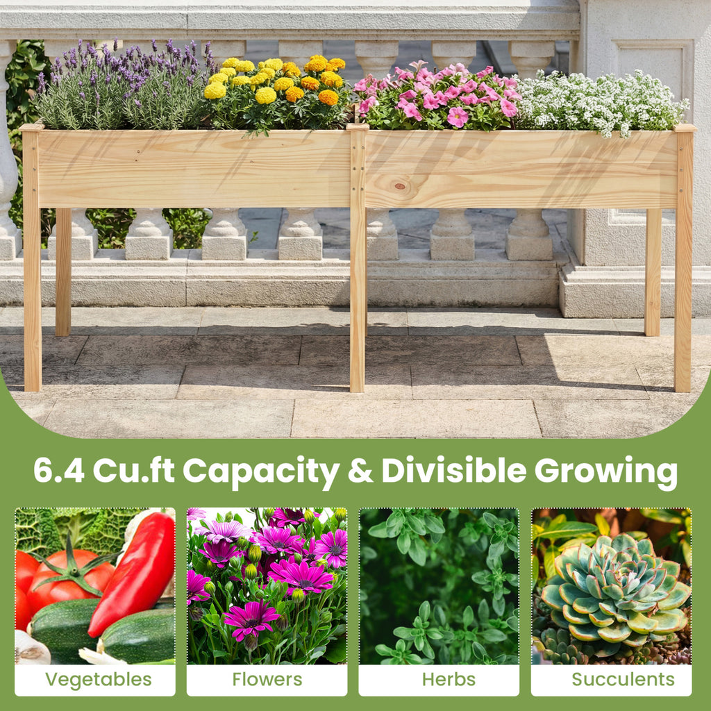 Fir Wood Outdoor Raised Garden Bed with Divider Panel and Drainage Holes-Natural
