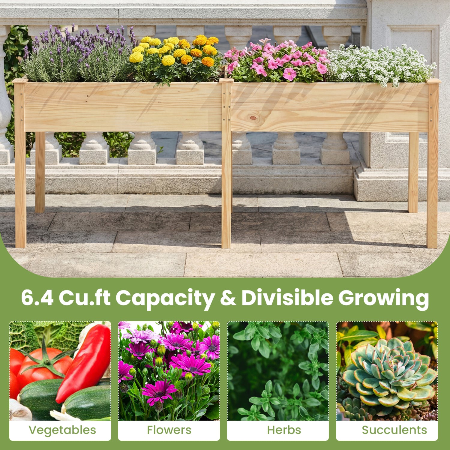 Fir Wood Outdoor Raised Garden Bed with Divider Panel and Drainage Holes-Natural