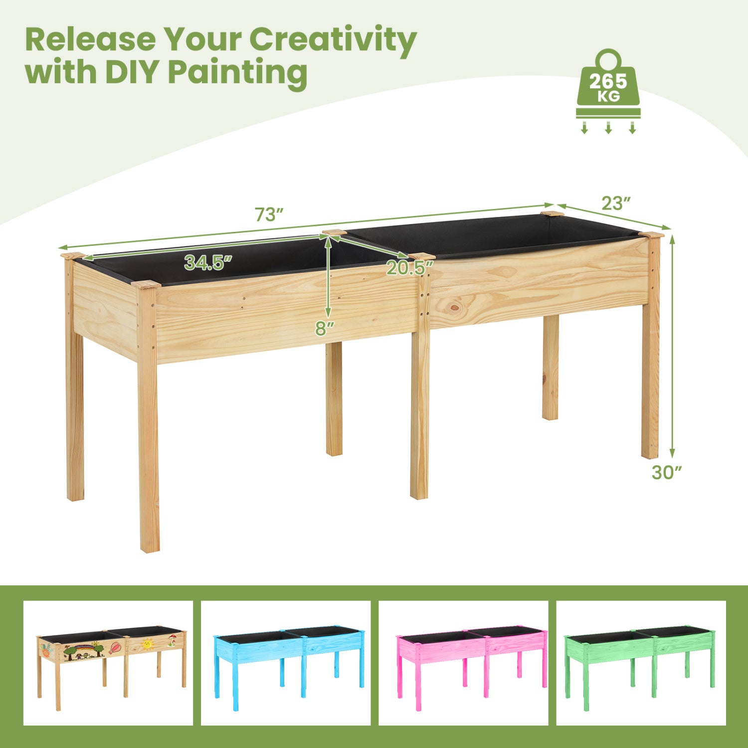Fir Wood Outdoor Raised Garden Bed with Divider Panel and Drainage Holes-Natural