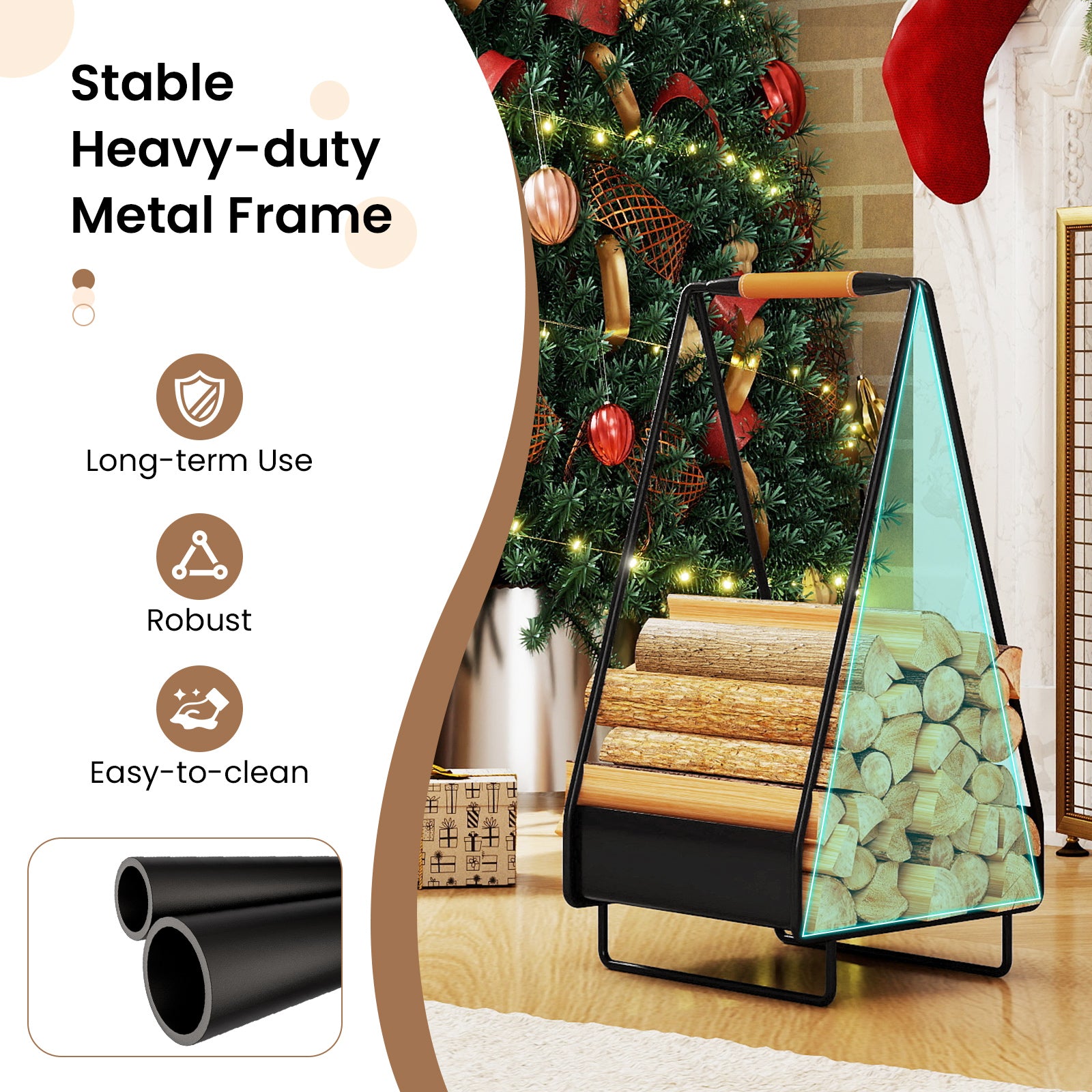 Firewood Storage Rack Heavy-duty Metal Log Holder with Handle and Square Rack