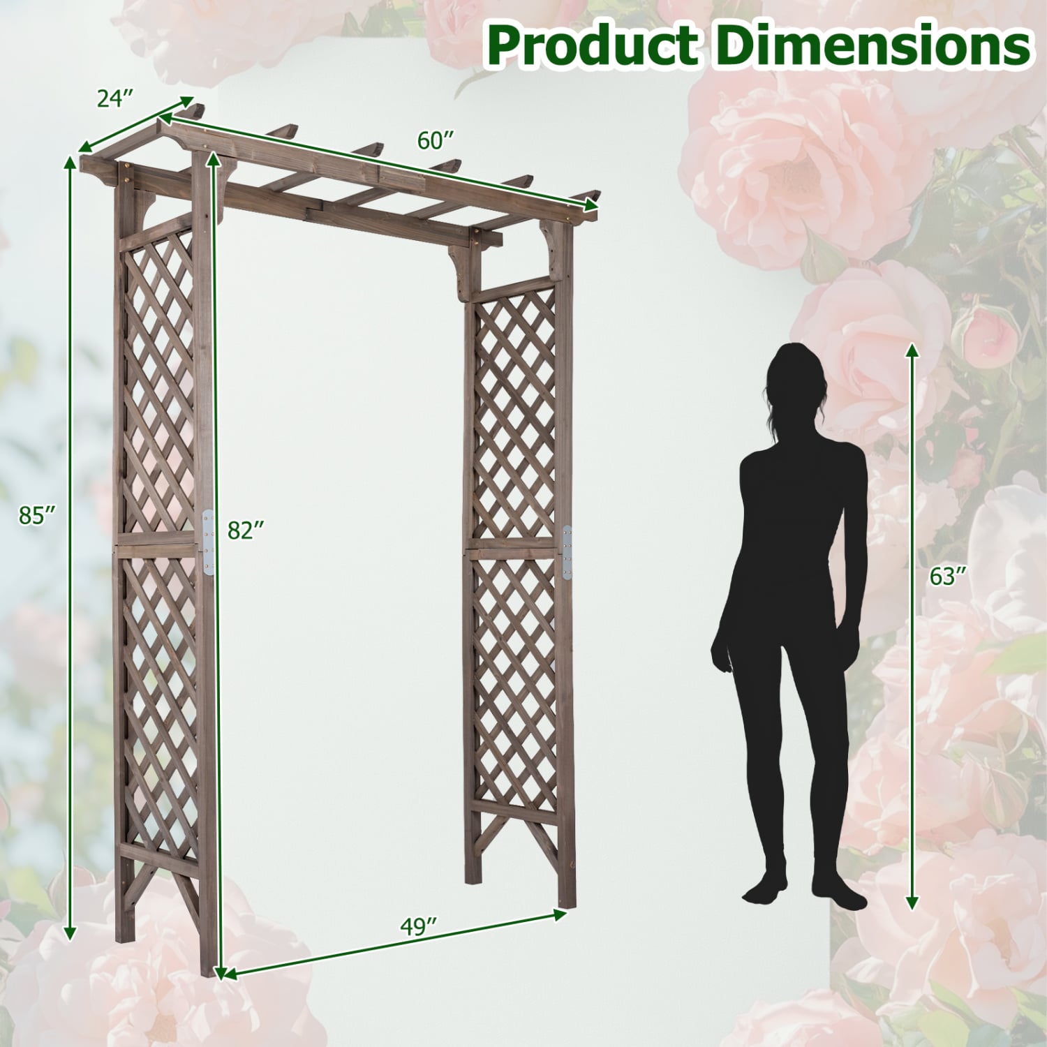 Flat Top Garden Arch with Gate 85" Tall Wood for Climbing Plants and Wedding-Brown