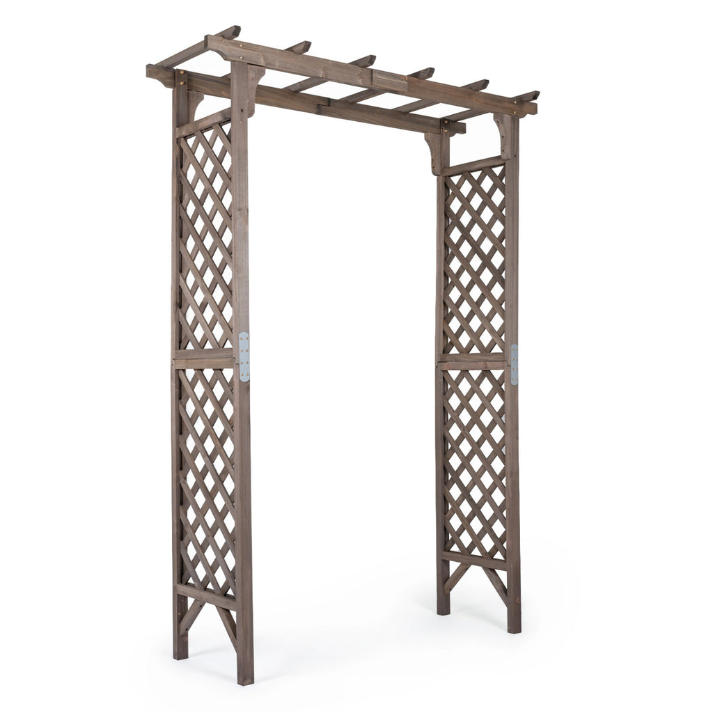 Flat Top Garden Arch with Gate 85" Tall Wood for Climbing Plants and Wedding-Brown