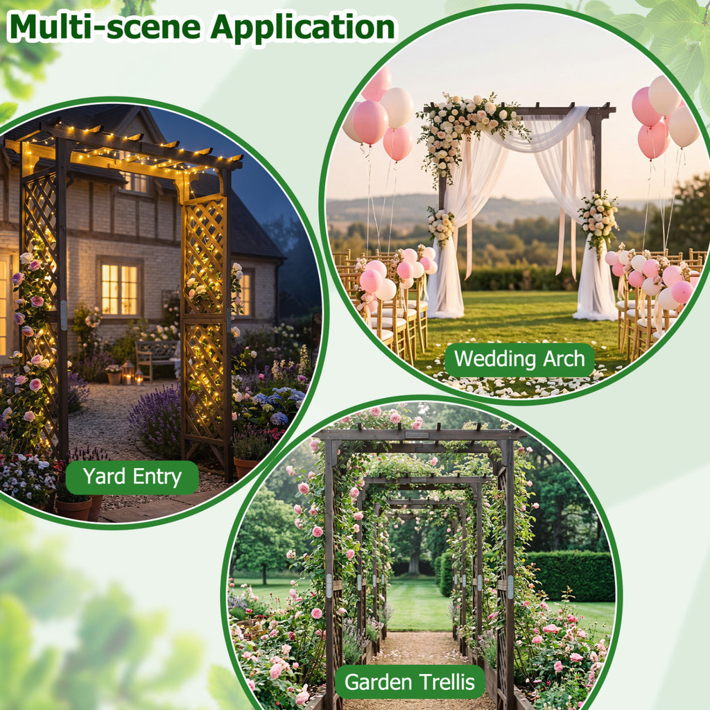 Flat Top Garden Arch with Gate 85" Tall Wood for Climbing Plants and Wedding-Brown