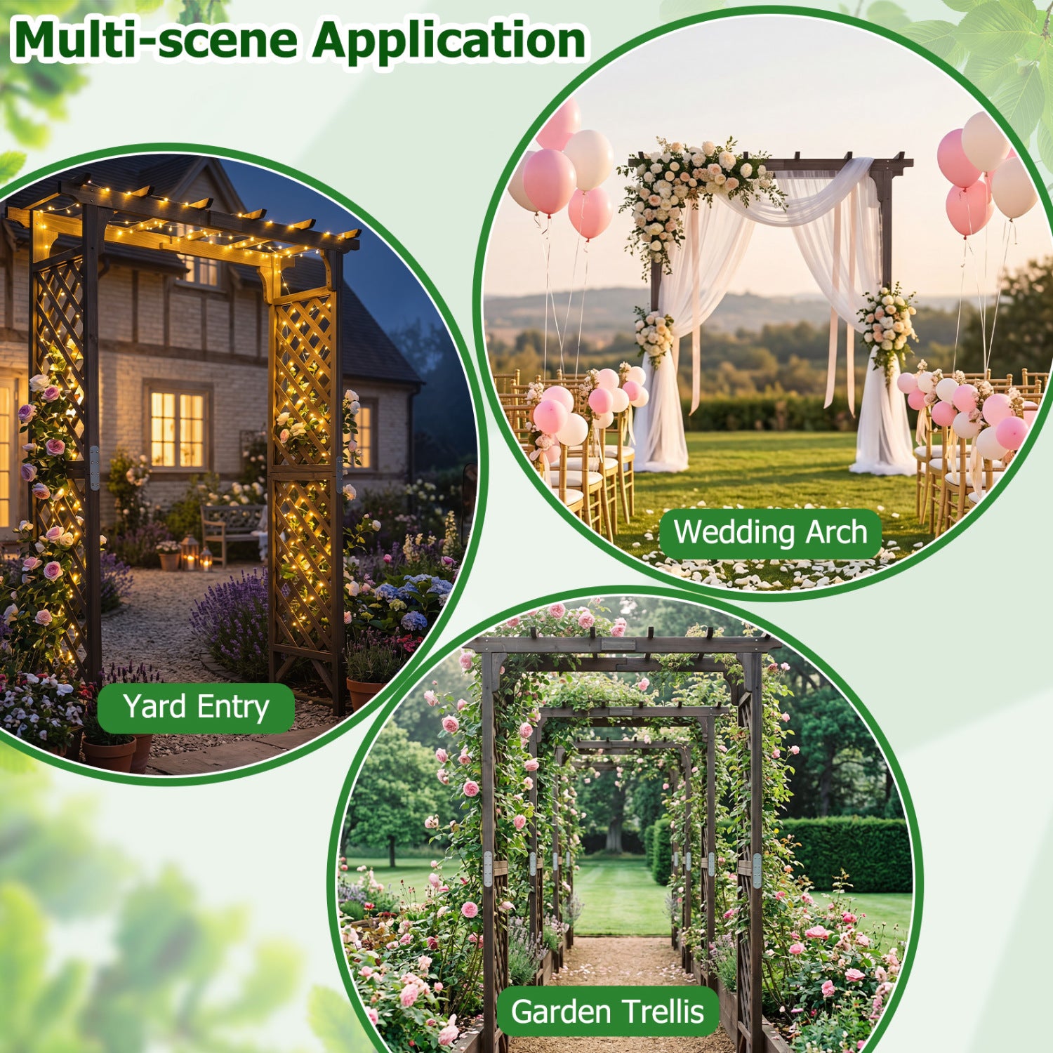 Flat Top Garden Arch with Gate 85" Tall Wood for Climbing Plants and Wedding-Brown