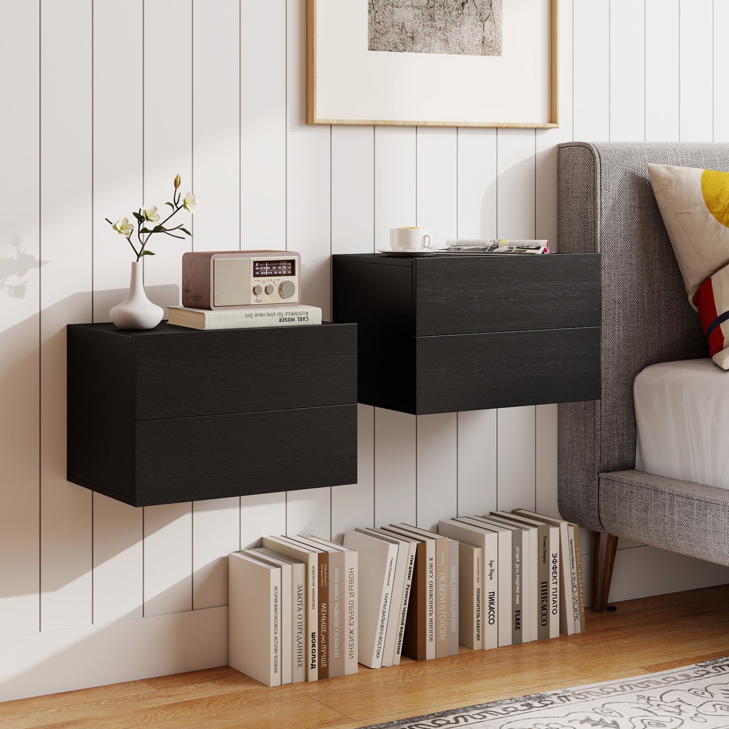 Floating Nightstand with 2 Storage Drawers Wall Mounted for Bedroom-Black