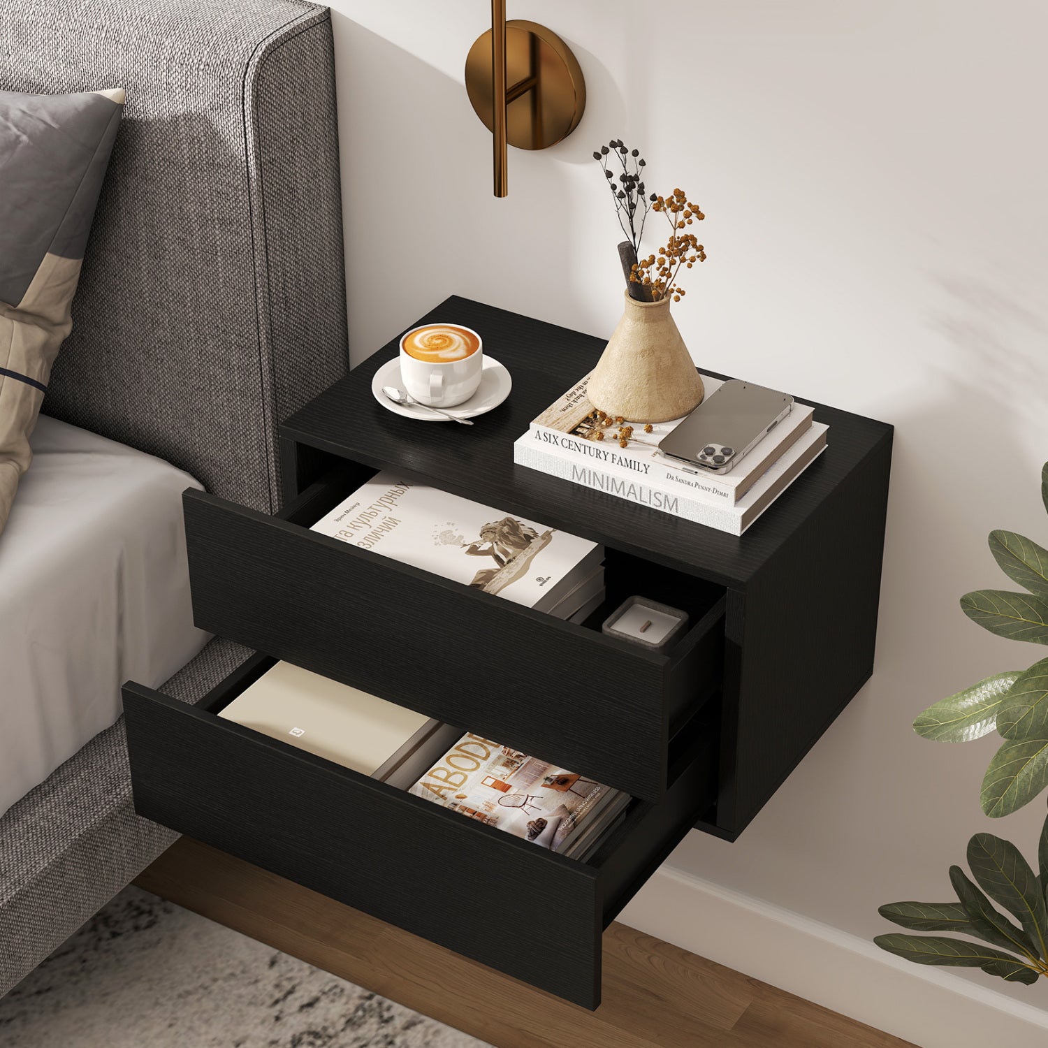 Floating Nightstand with 2 Storage Drawers Wall Mounted for Bedroom-Black