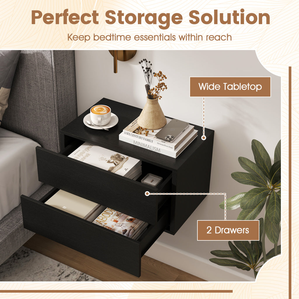 Floating Nightstand with 2 Storage Drawers Wall Mounted for Bedroom-Black