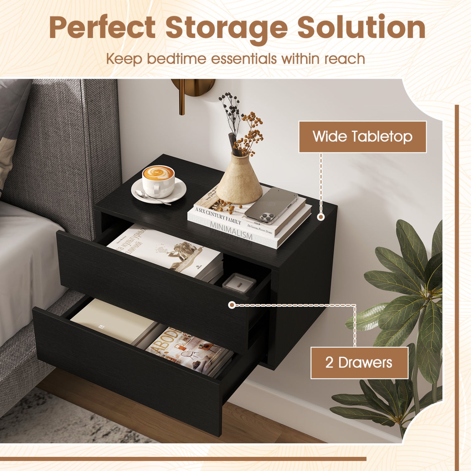 Floating Nightstand with 2 Storage Drawers Wall Mounted for Bedroom-Black