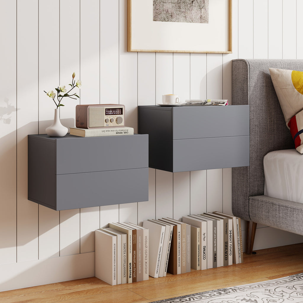 Floating Nightstand with 2 Storage Drawers Wall Mounted for Bedroom-Gray