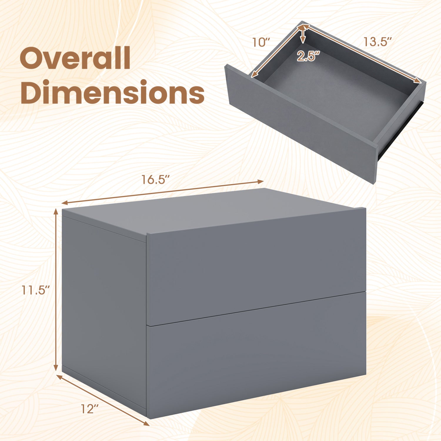 Floating Nightstand with 2 Storage Drawers Wall Mounted for Bedroom-Gray
