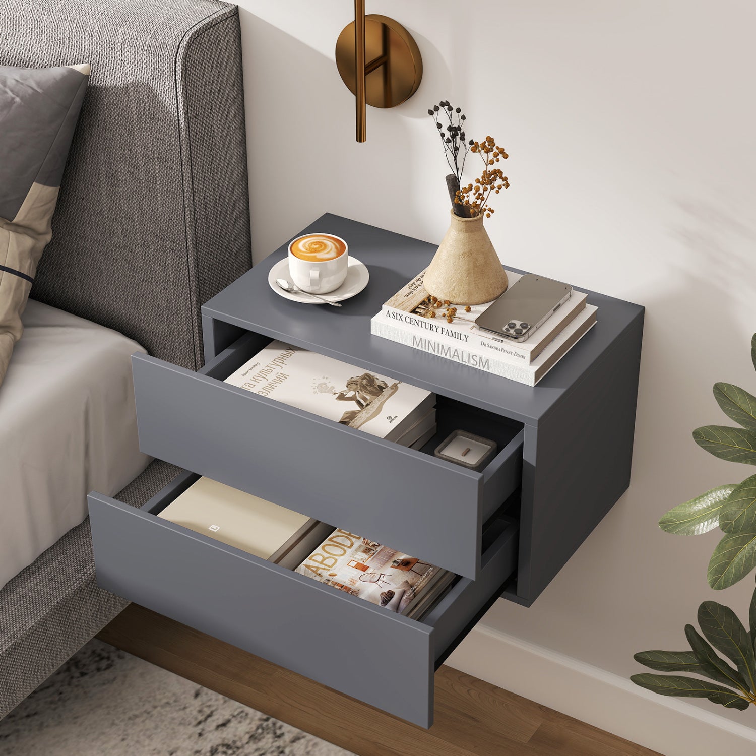 Floating Nightstand with 2 Storage Drawers Wall Mounted for Bedroom-Gray