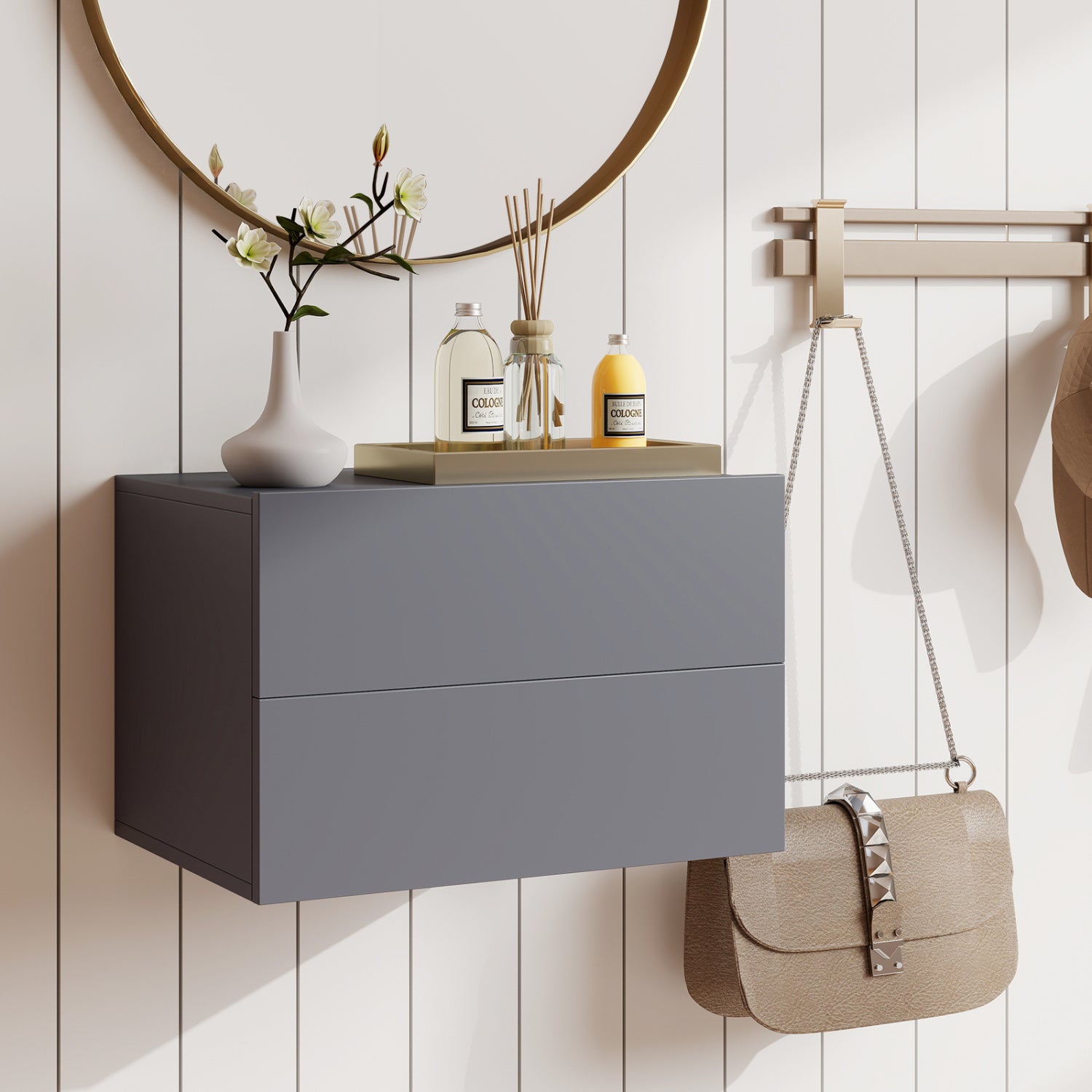 Floating Nightstand with 2 Storage Drawers Wall Mounted for Bedroom-Gray
