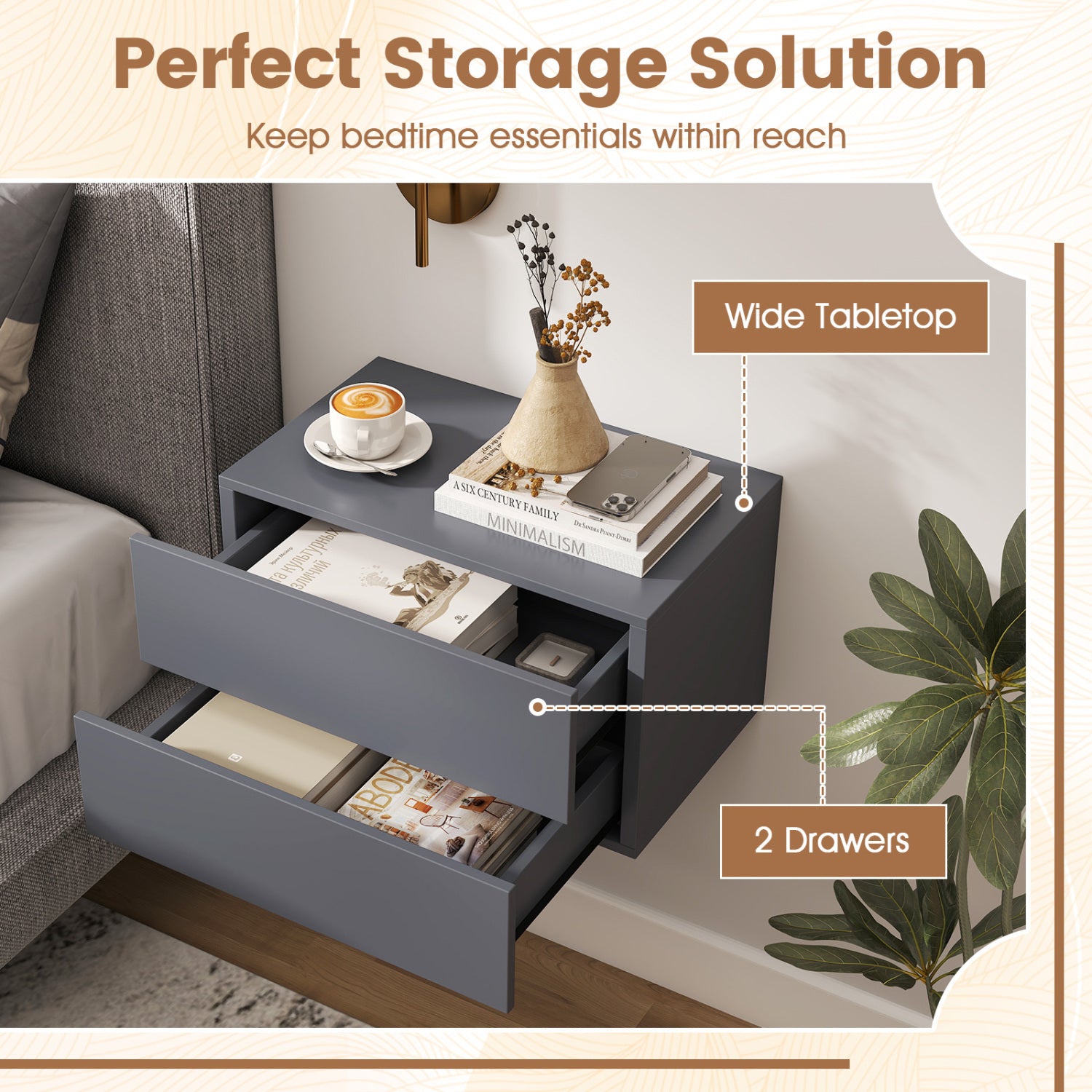 Floating Nightstand with 2 Storage Drawers Wall Mounted for Bedroom-Gray