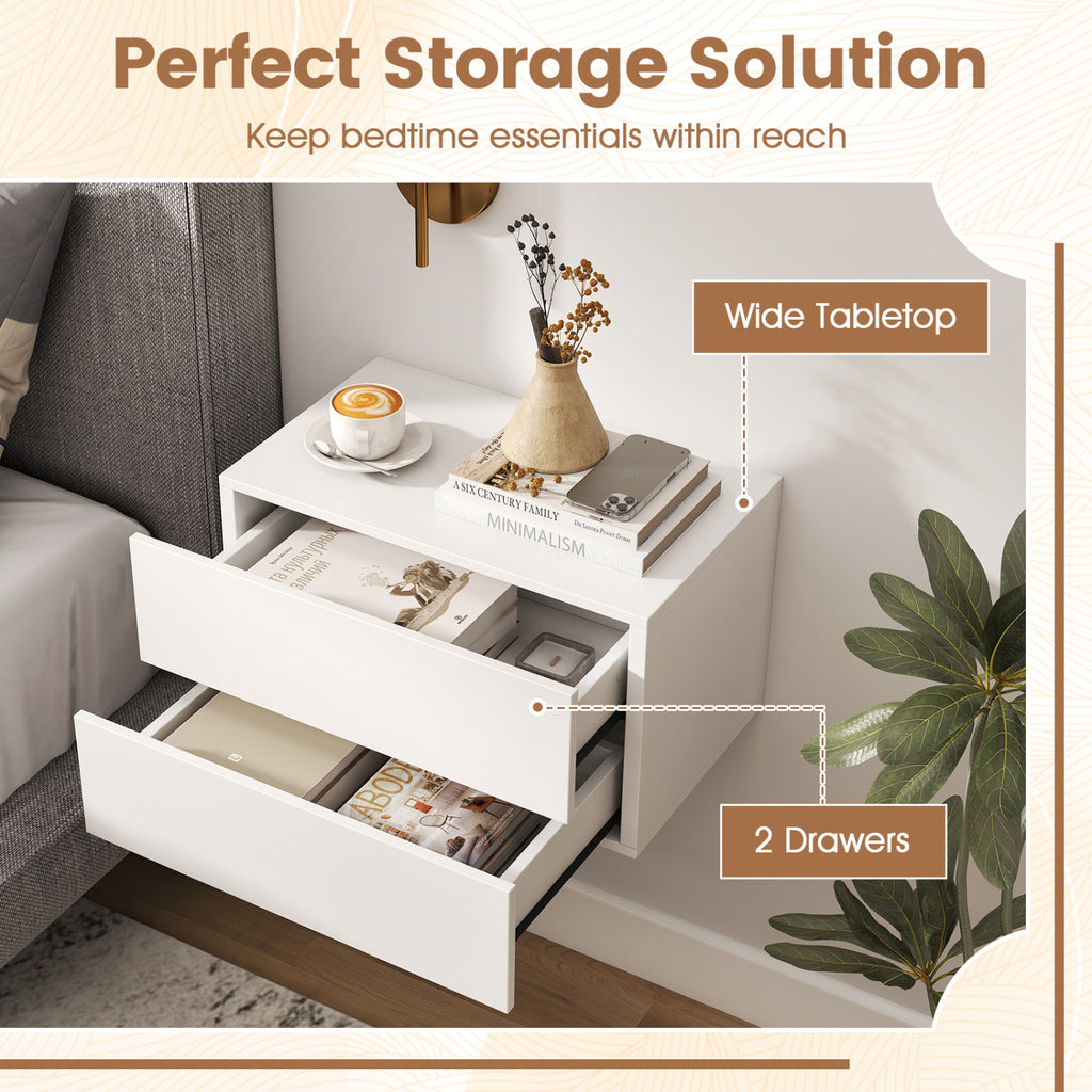 Floating Nightstand with 2 Storage Drawers Wall Mounted for Bedroom-White
