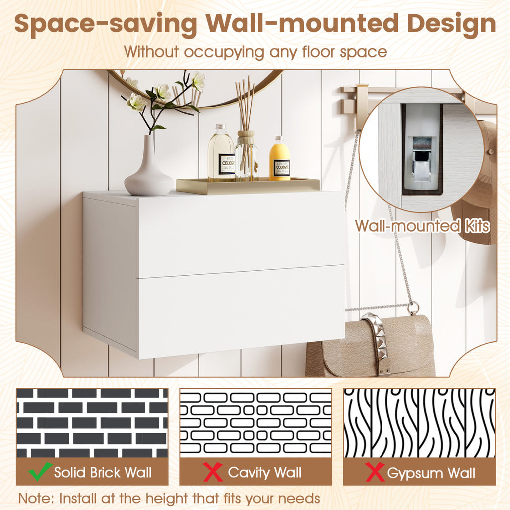 Floating Nightstand with 2 Storage Drawers Wall Mounted for Bedroom-White