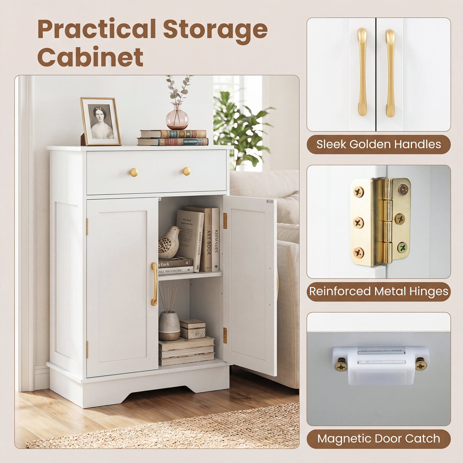 Floor Storage Cabinet with Doors Modern Buffet Sideboard with Drawer and Adjustable Shelf-White