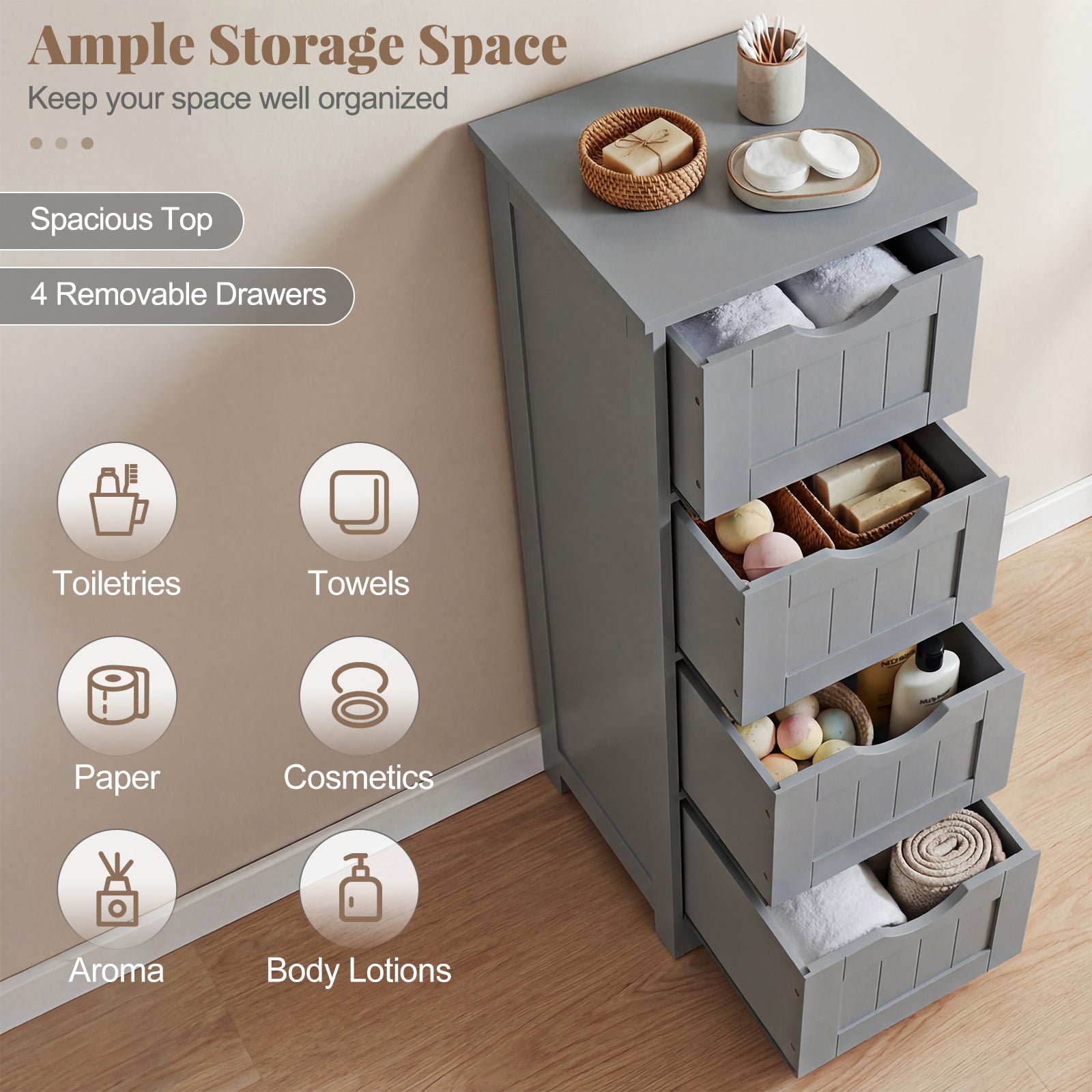 Floor Wooden Free Standing Storage Side Organizer for Bathroom-Gray