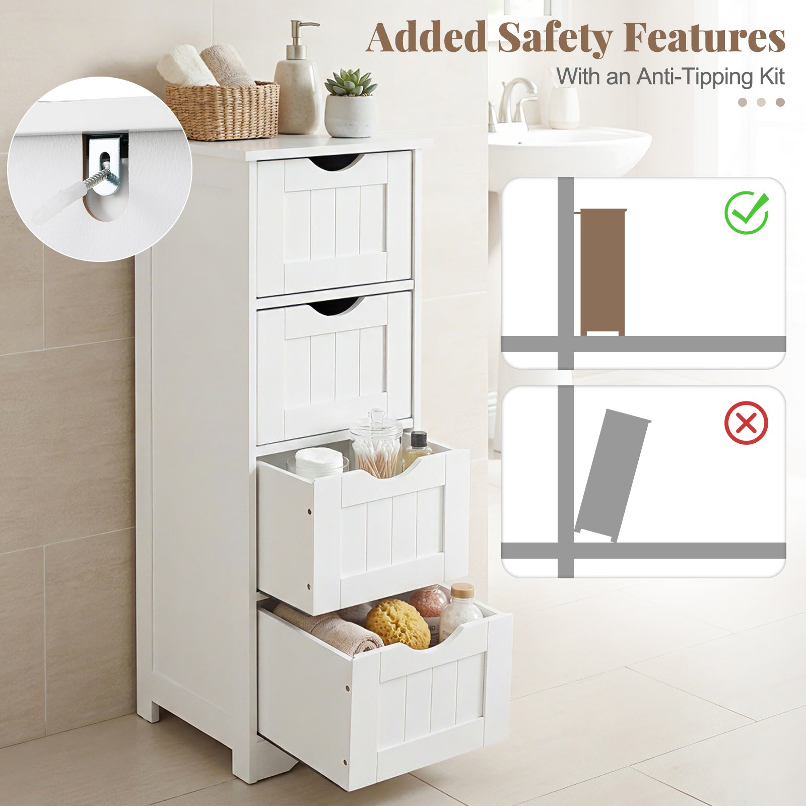 Floor Wooden Free Standing Storage Side Organizer for Bathroom-White