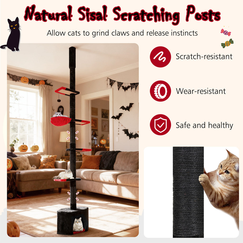 Floor to Ceiling Gothic Cat Tree 97-118 Inches Adjustable 5-Tier with Condo-Black