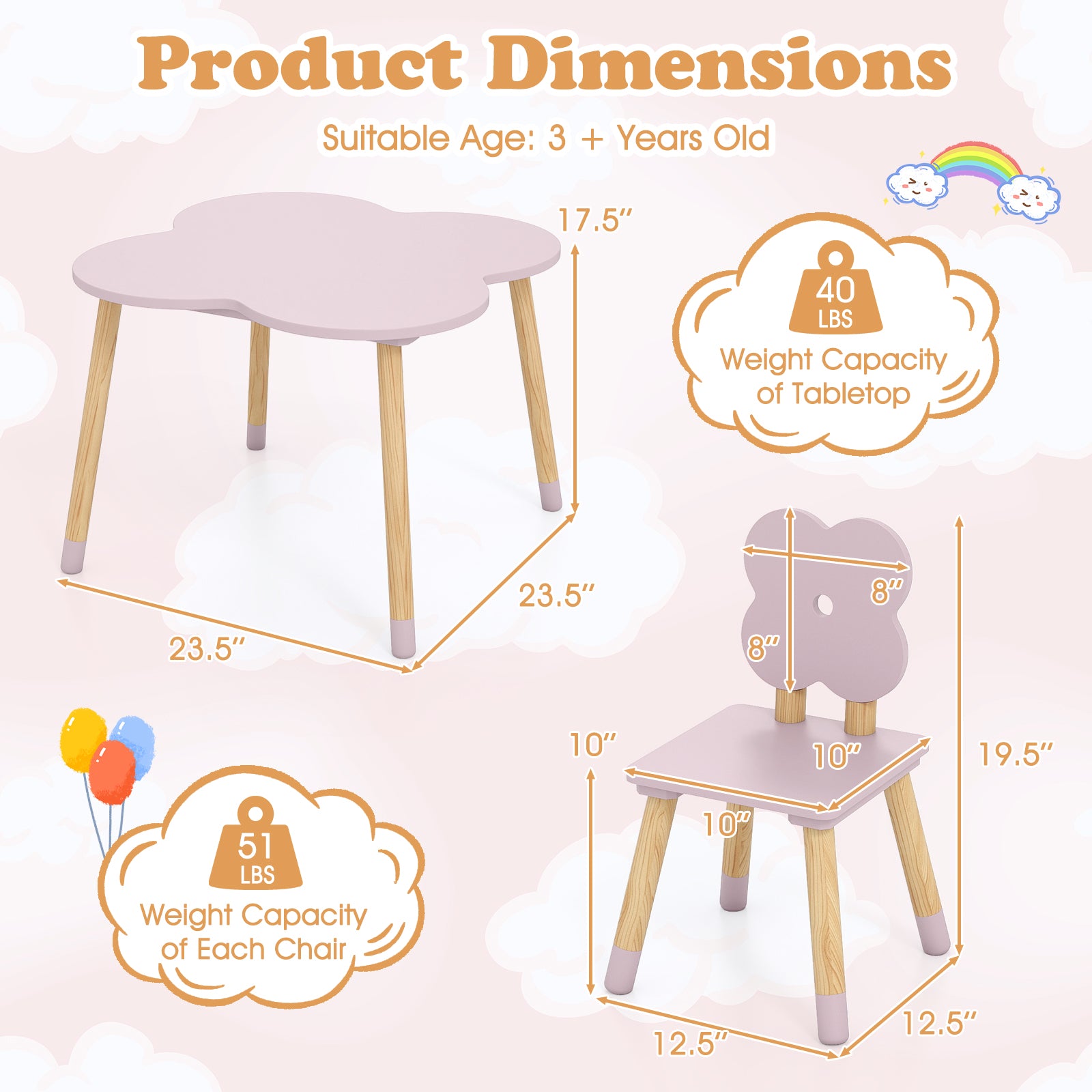 Flower-shaped Kids Table Set with Solid Pine Wood Legs-Pink