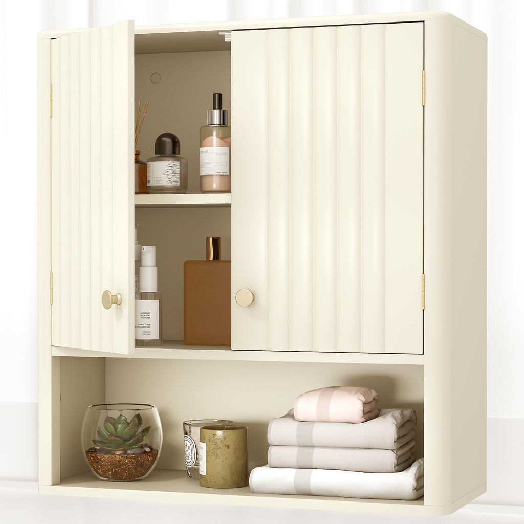 Fluted Bathroom Wall Cabinet with Open Shelf-Beige