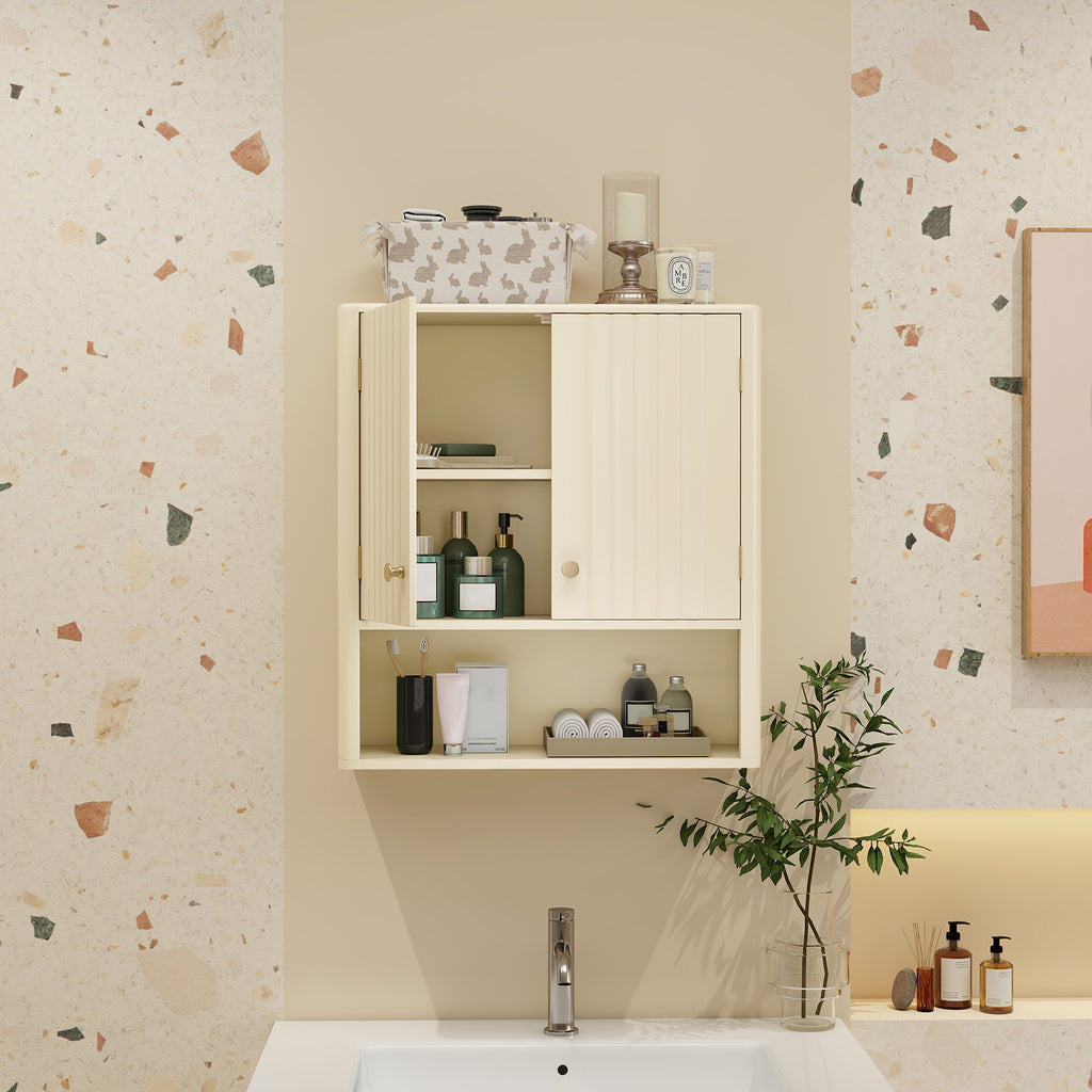 Fluted Bathroom Wall Cabinet with Open Shelf-Beige
