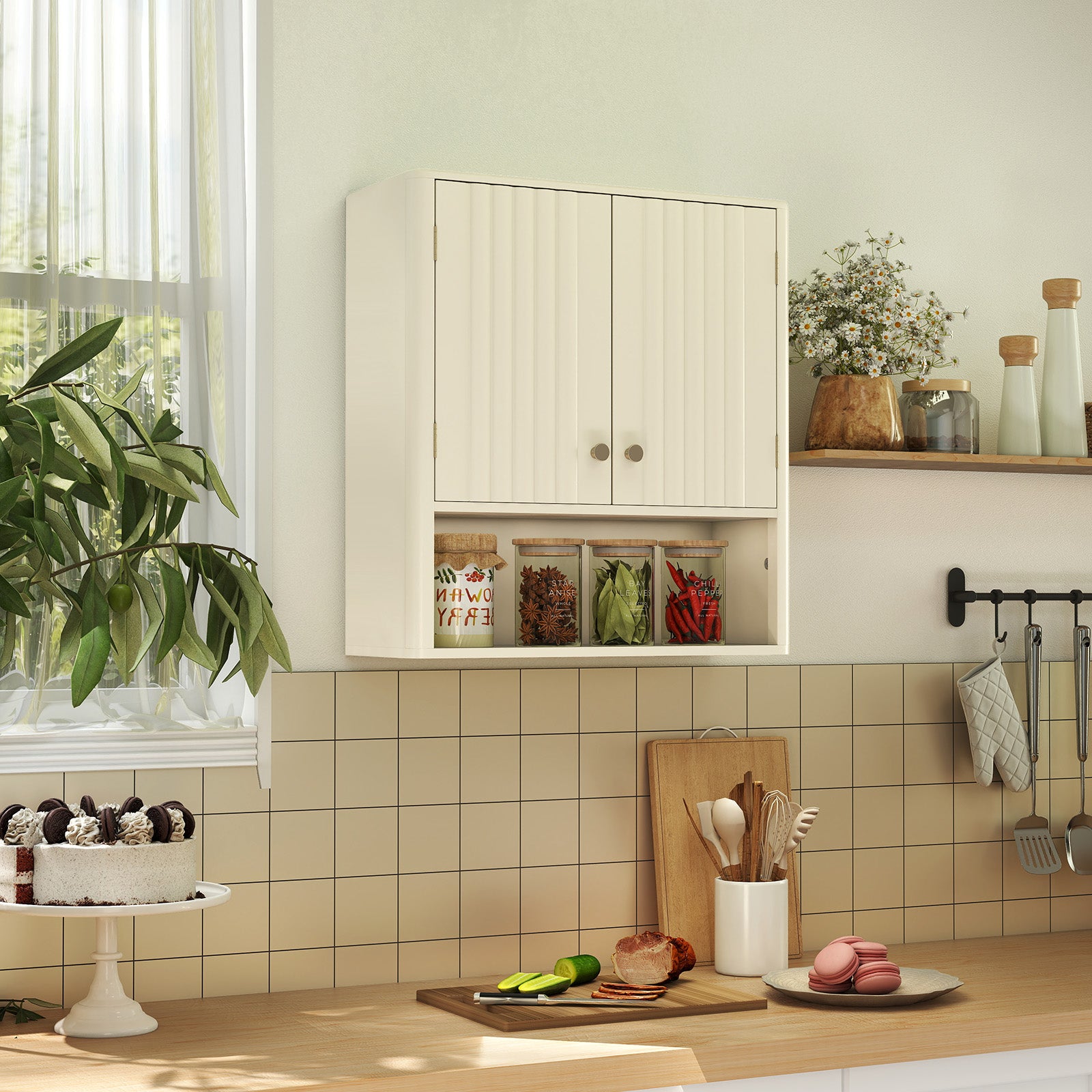 Fluted Bathroom Wall Cabinet with Open Shelf-Beige