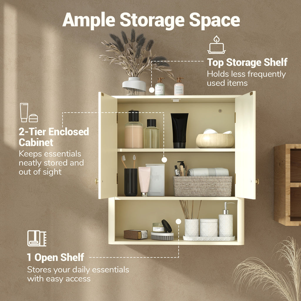 Fluted Bathroom Wall Cabinet with Open Shelf-Beige