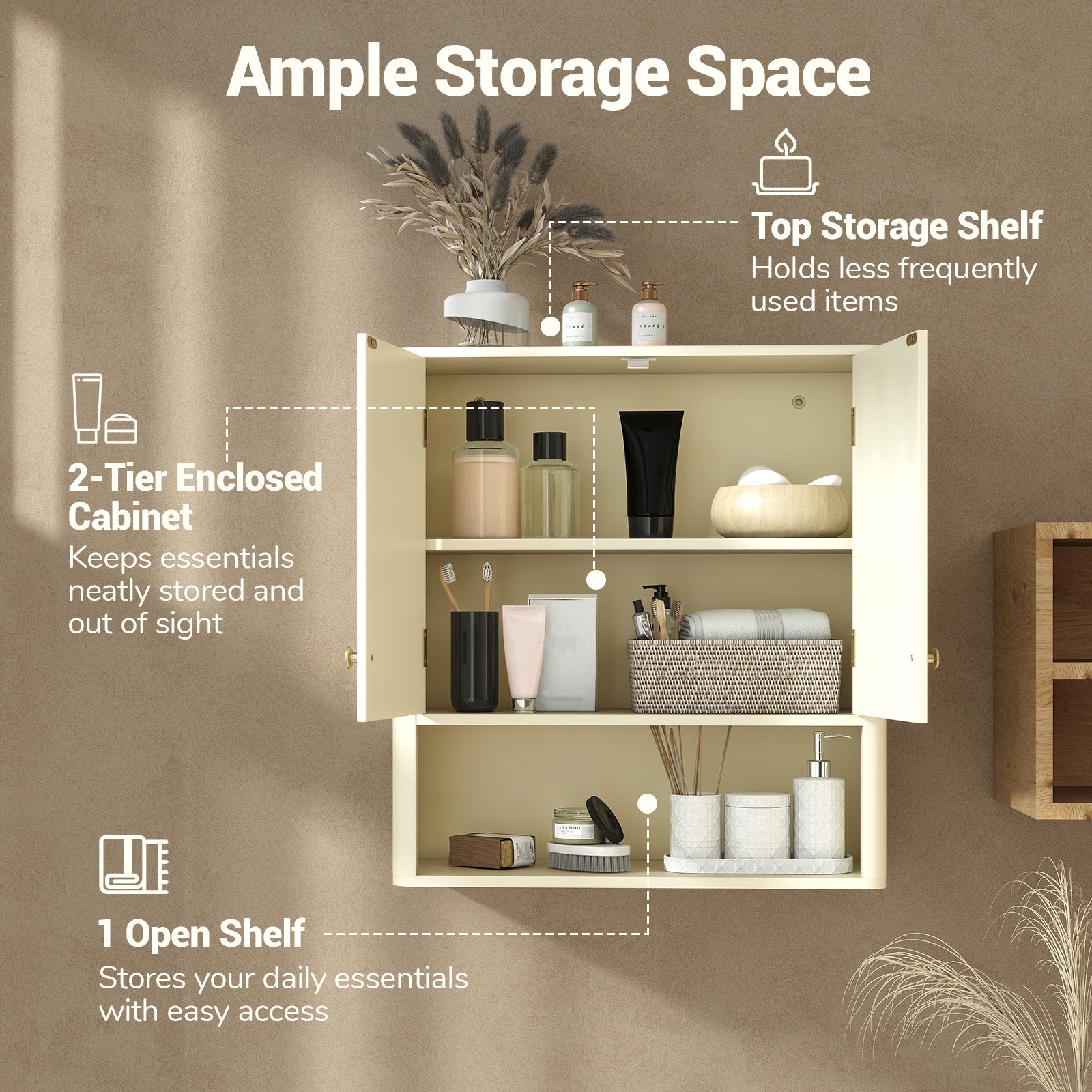 Fluted Bathroom Wall Cabinet with Open Shelf-Beige