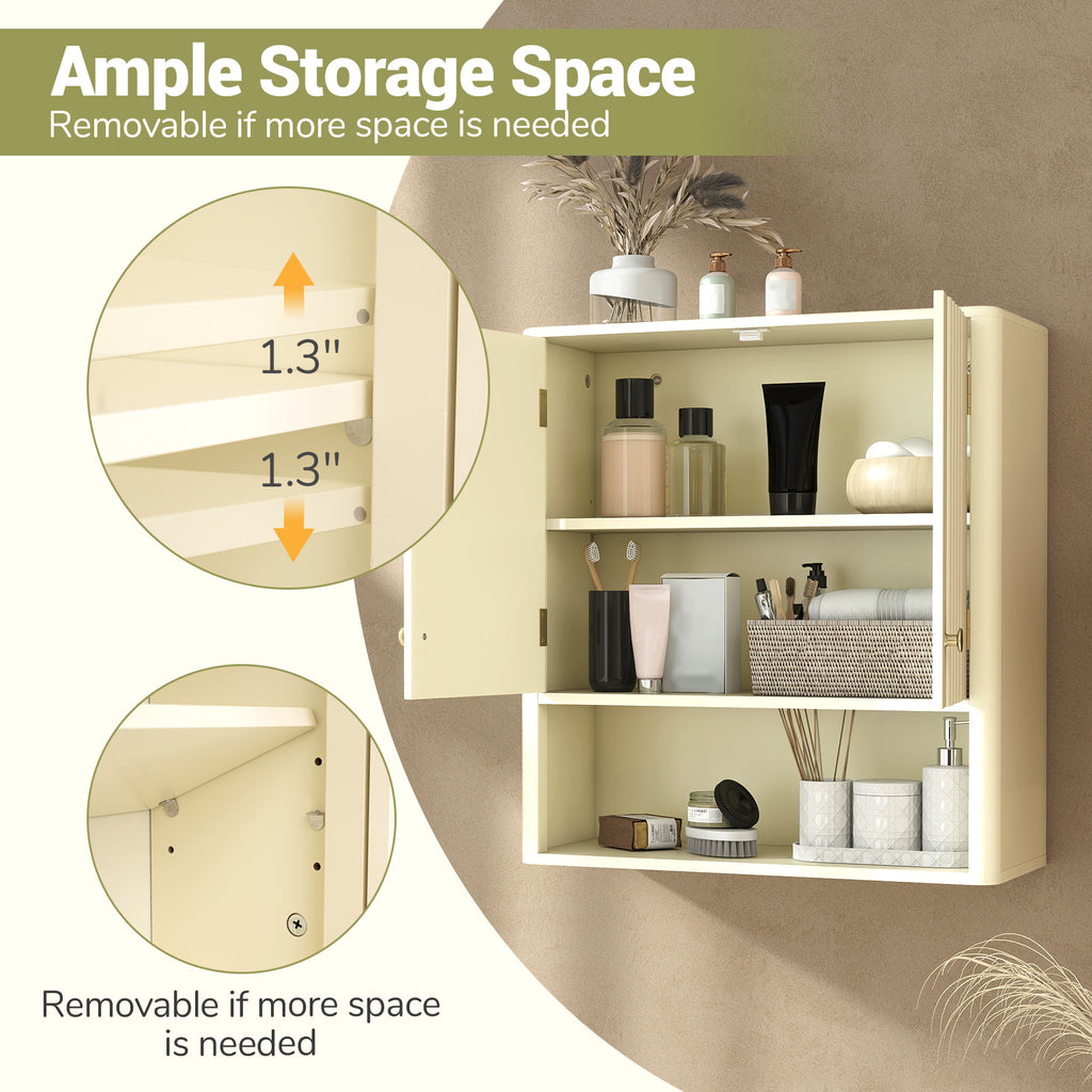 Fluted Bathroom Wall Cabinet with Open Shelf-Beige