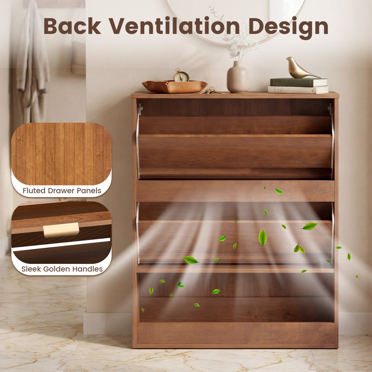 Fluted Hidden Shoe Cabinet with 2 Flip Drawers and Open Storage-Walnut