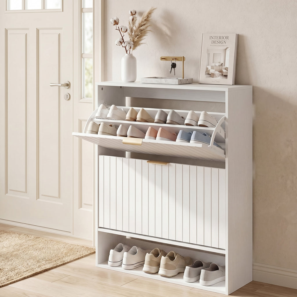 Fluted Hidden Shoe Cabinet with 2 Flip Drawers and Open Storage-White