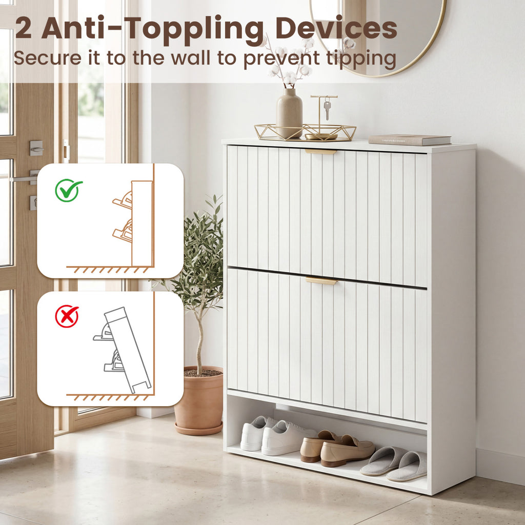 Fluted Hidden Shoe Cabinet with 2 Flip Drawers and Open Storage-White
