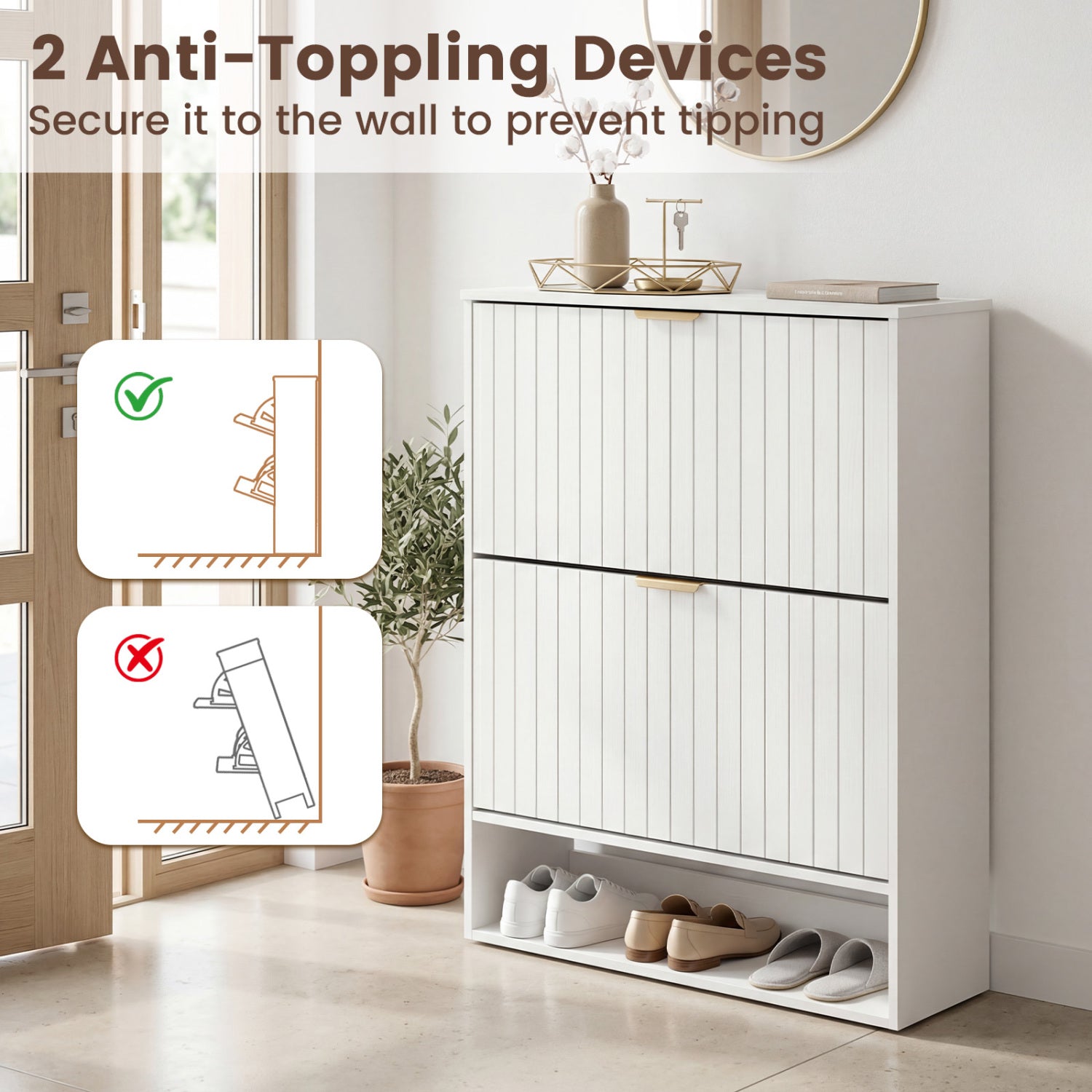 Fluted Hidden Shoe Cabinet with 2 Flip Drawers and Open Storage-White