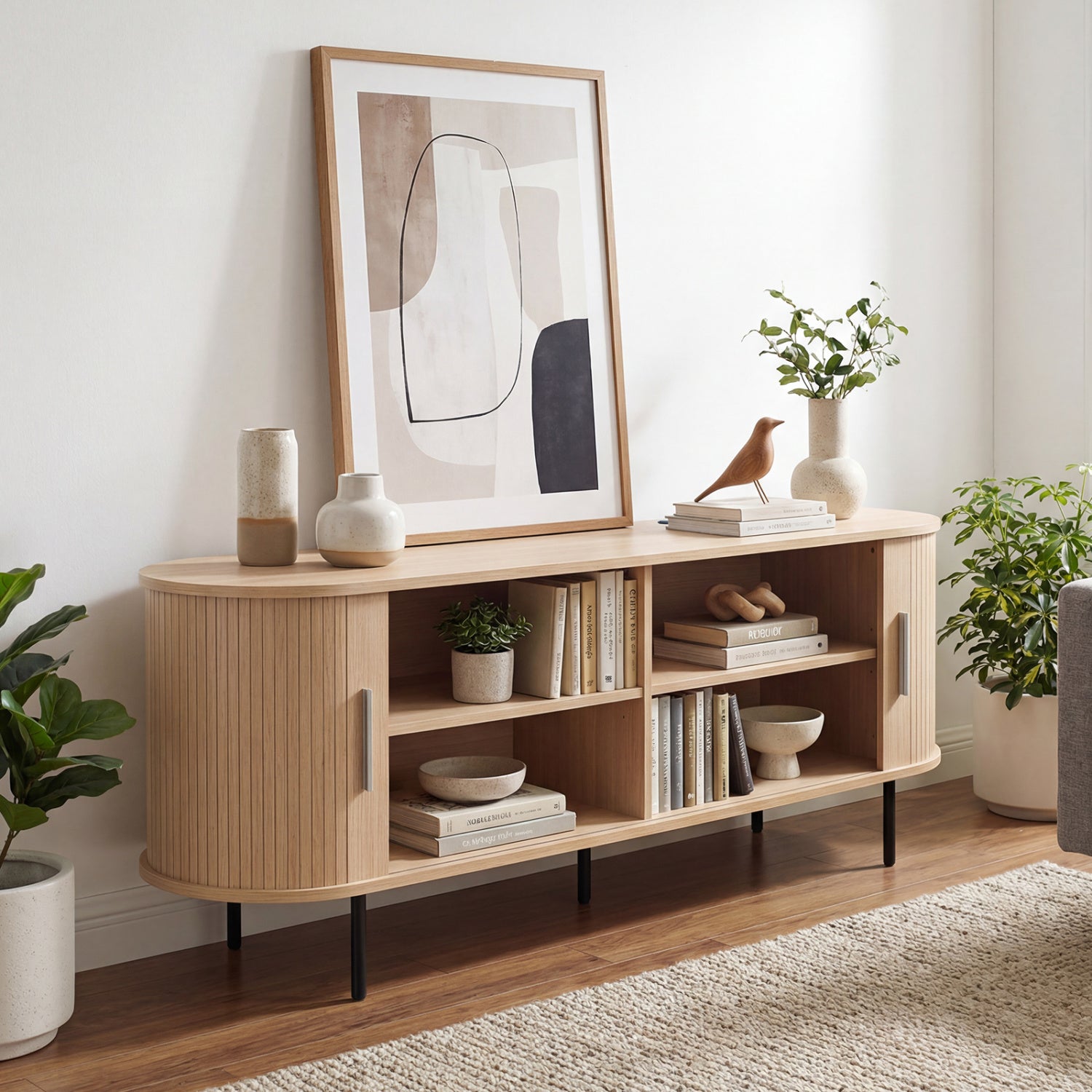 Fluted TV Stand for TVs up to 60" Mid Century Curved Entertainment Center-Natural