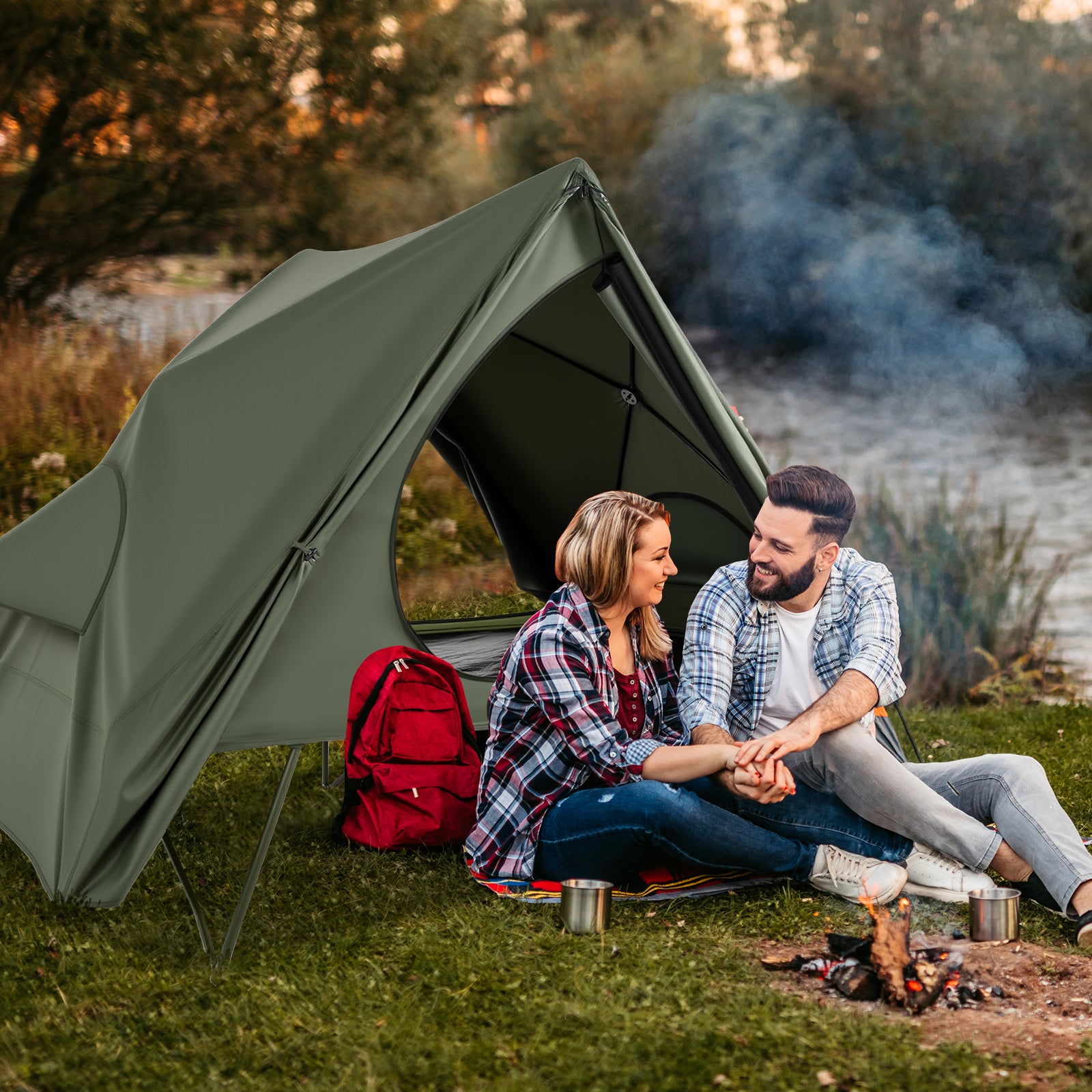 Foldable 2-Person Camping Cot Tent with Pop-up Tent Shelter and Portable Wheeled Bag-Green