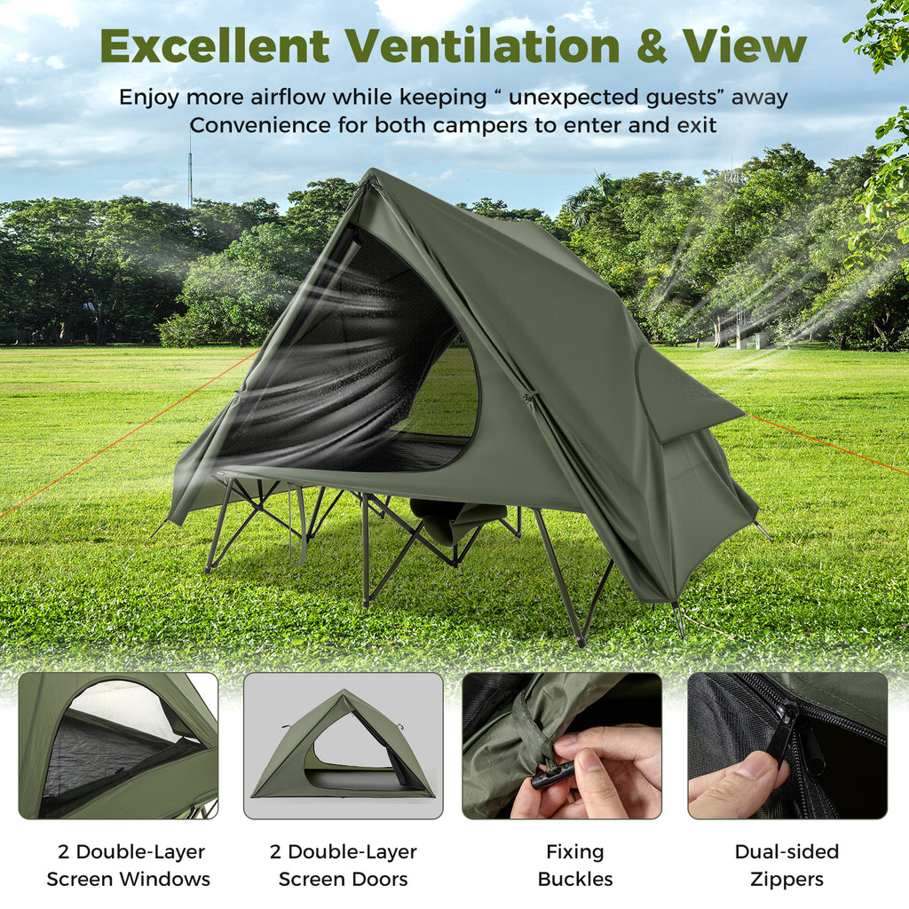 Foldable 2-Person Camping Cot Tent with Pop-up Tent Shelter and Portable Wheeled Bag-Green