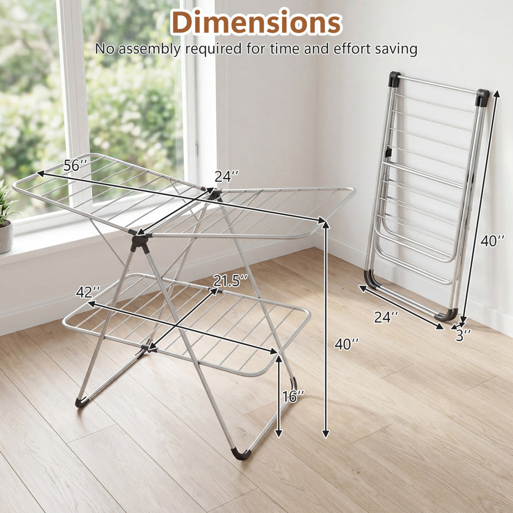 Foldable 2-Tier Clothes Drying Rack Heavy-Duty Aluminum Stainless Steel Laundry Airer